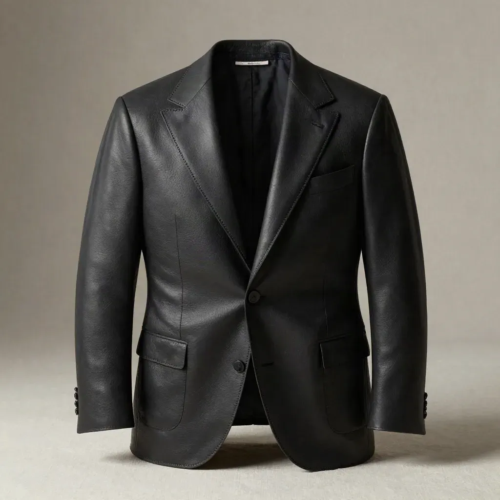 Gros plan du cuir noir mat d’un perfecto ouvert, flottant sur fond clair