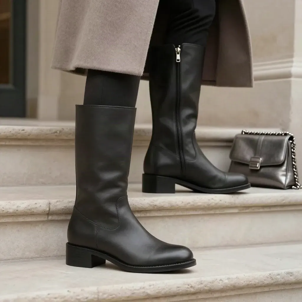 Deux bottes noires sur une marche claire, avec manteau et pochette à chaîne.