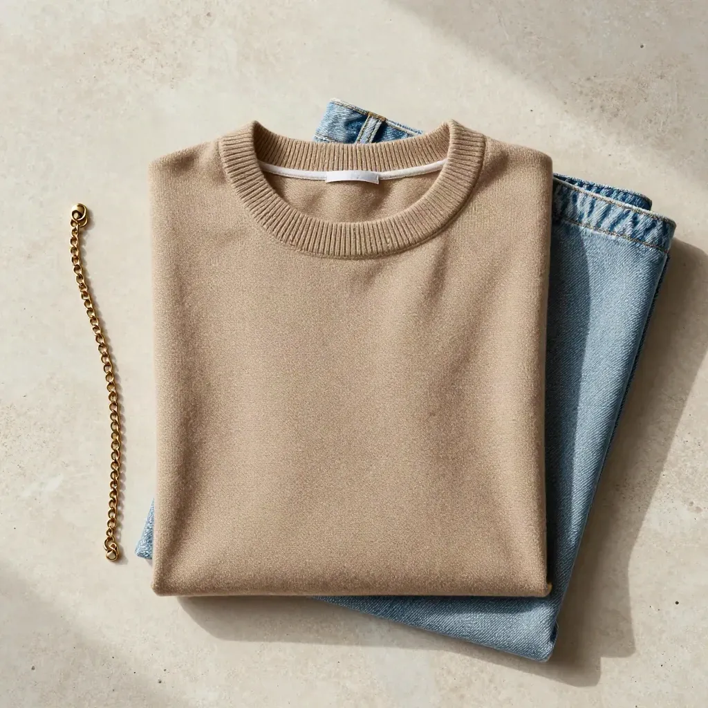 Pull maille sable plié avec chaîne fine et jean clair sur pierre pâle, vue du dessus.